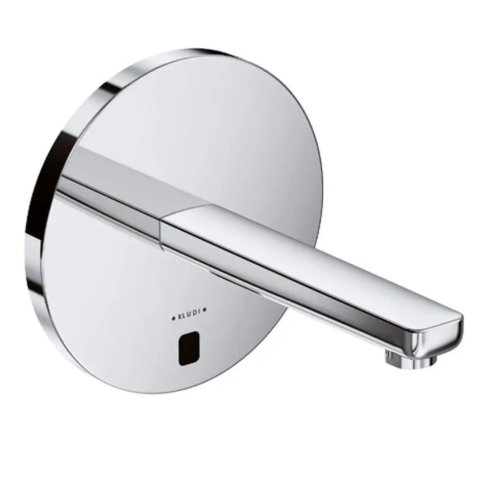 Wandarmatur in Chrom-Optik von Kludi mit runder Abdeckung und schmalem Auslauf, ohne Mischhebel, zur Montage an der Wand.